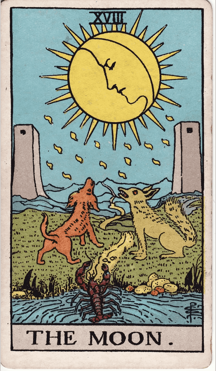 The Moon card from the 1909 Rider-Waite-Smith deck: a moon with a face shines over a dog and a wolf howling on a path, a crayfish crawls out of a pool, and two towers stand in the distance