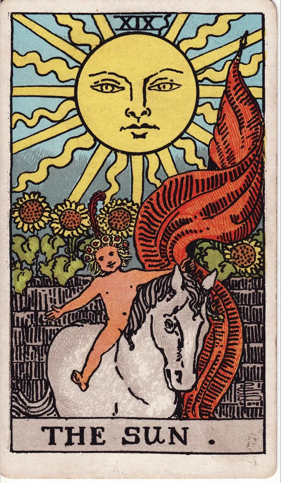 The Sun card from the 1909 Rider-Waite-Smith deck: a naked child crowned with flowers rides a white horse and holds a red banner, under a large sun with a face and in front of a wall of sunflowers