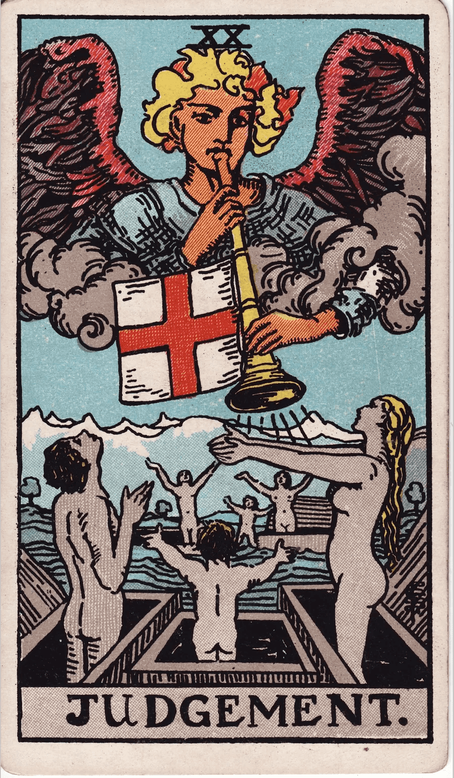 The Judgement card from the 1909 Rider-Waite-Smith deck: an angel in the clouds blows a trumpet hung with a banner marked with a cross, while unclothed men, women and children rise from open tombs with raised arms