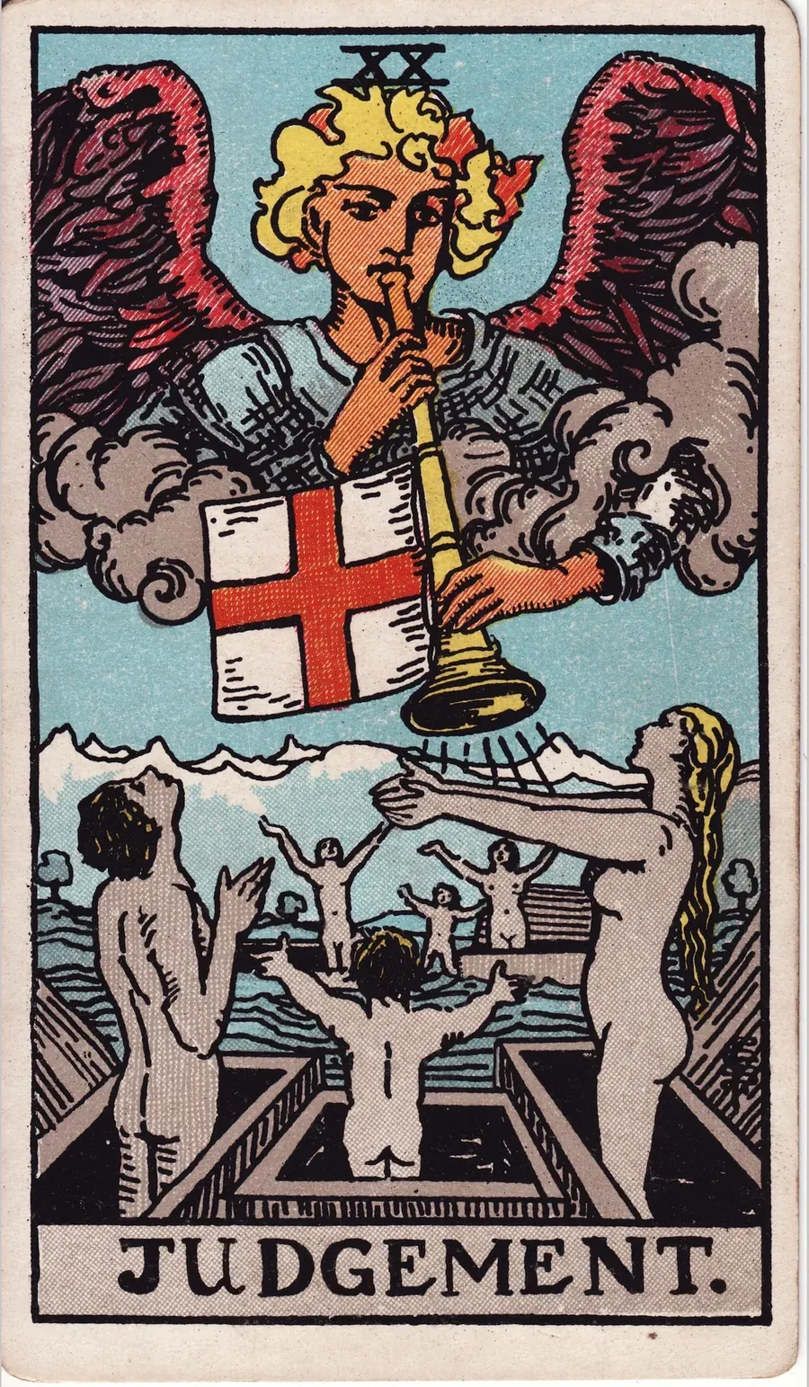 The Judgement card from the 1909 Rider-Waite-Smith deck: an angel in the clouds blows a trumpet hung with a banner marked with a cross, while unclothed men, women and children rise from open tombs with raised arms