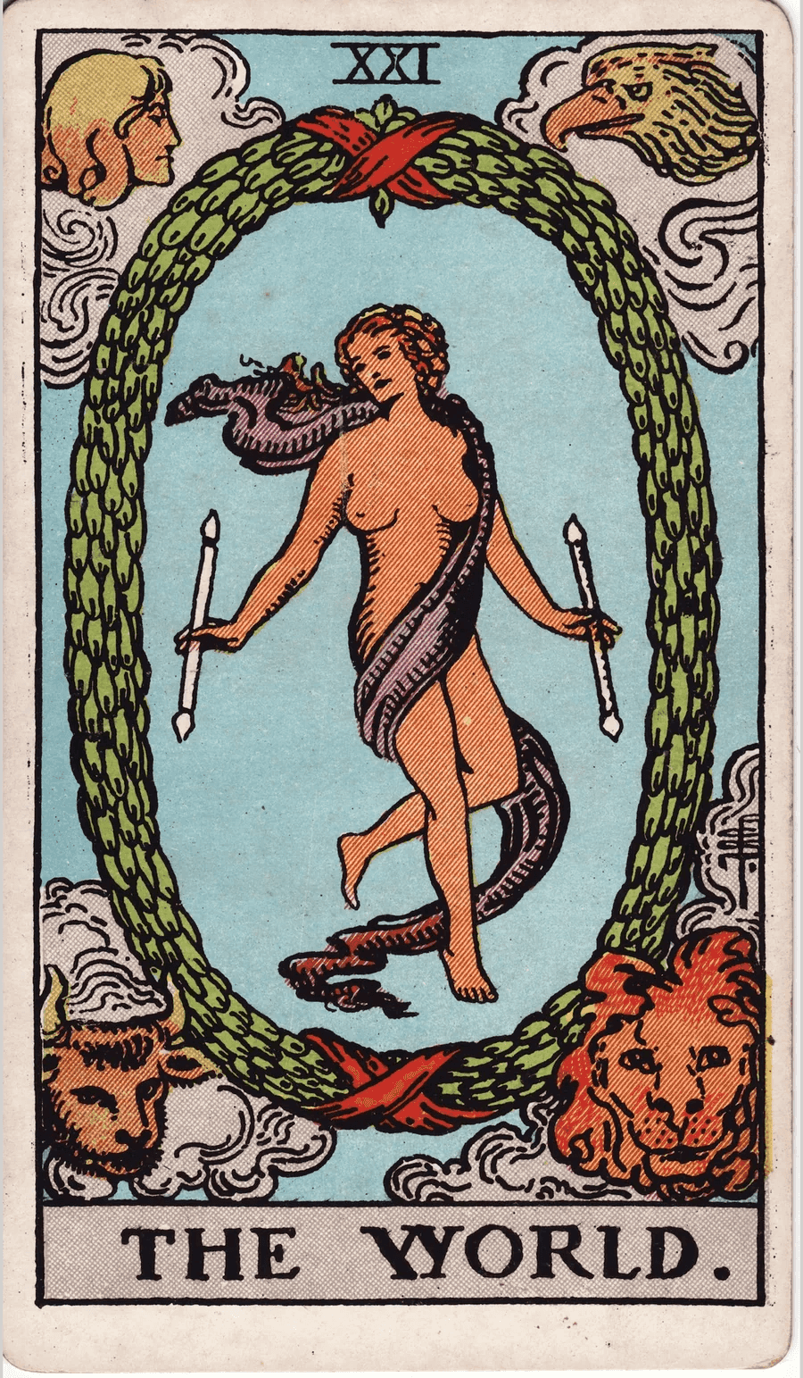 The World card from the 1909 Rider-Waite-Smith deck: a dancer wrapped in a floating scarf holds a wand in each hand inside a large oval wreath tied with red ribbons, with an angel, an eagle, a bull and a lion in the four corners