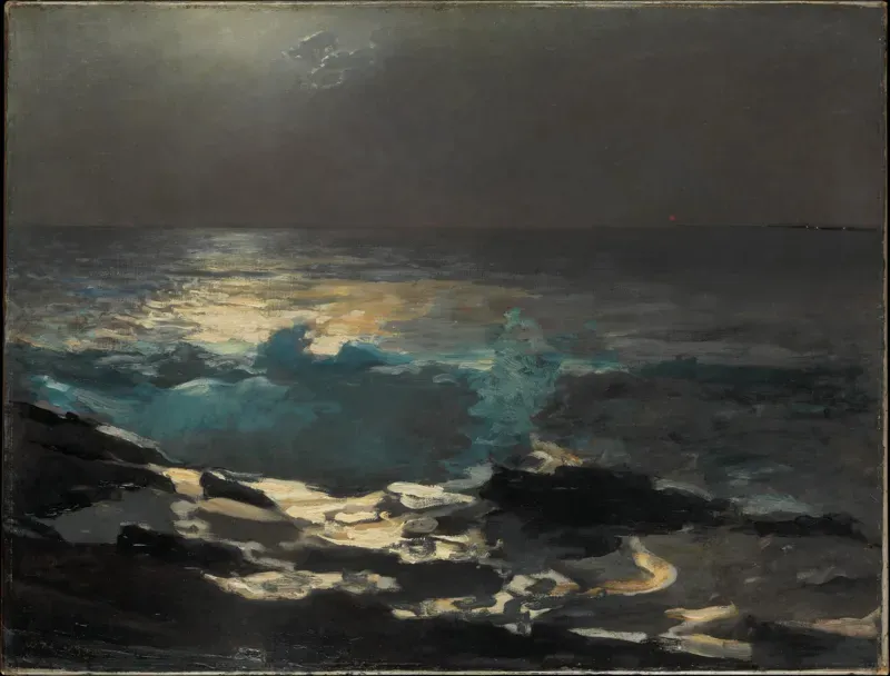 Painting of moonlit waves breaking on dark rocks, a tiny lighthouse light on the horizon