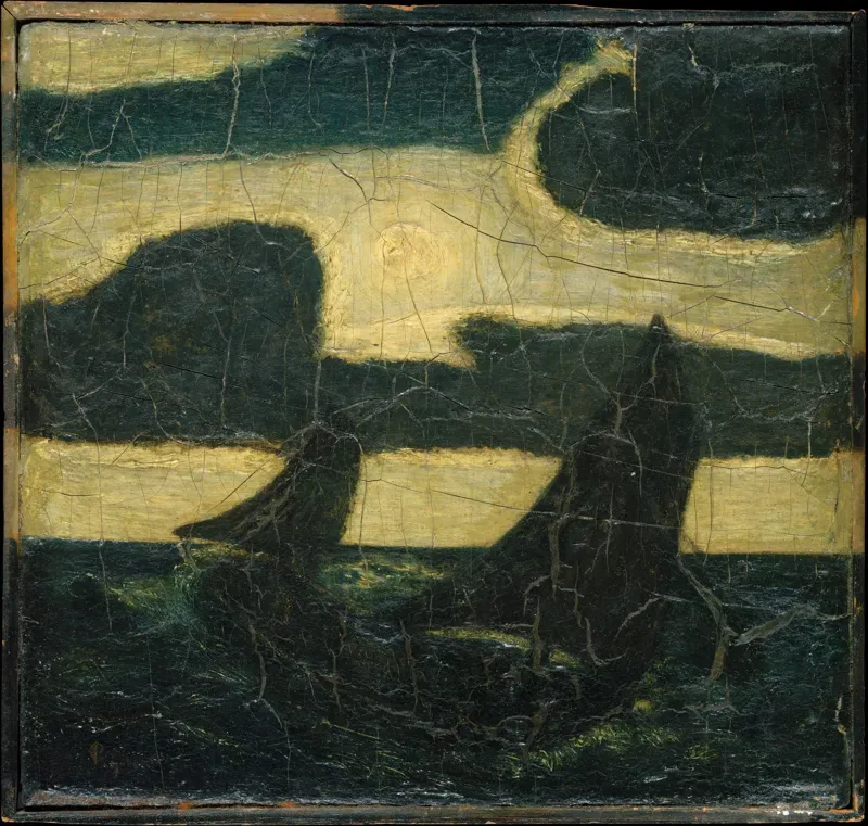 Small cracked painting of two dark sailboats on a sea under a pale moon and yellow sky