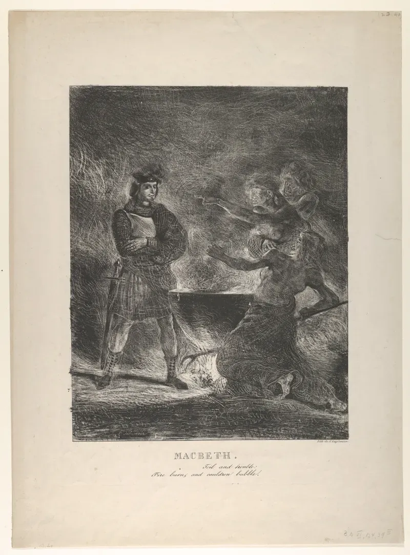 Lithograph of Macbeth in armor standing before a steaming cauldron while hooded witches crouch around it