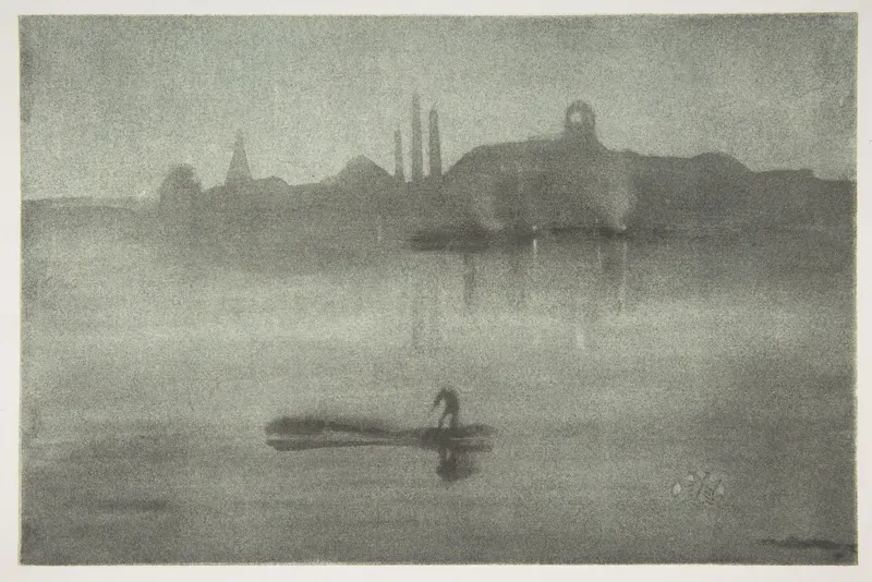 Pale misty lithograph of the Thames at night, with a factory skyline and a small figure in a boat