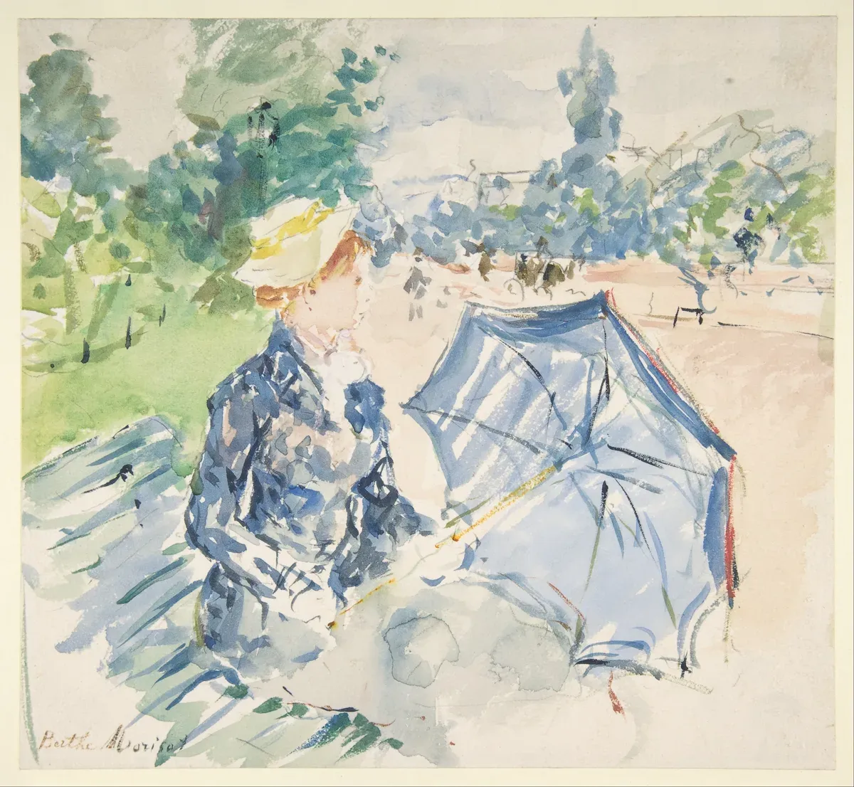 Watercolor of a woman in a hat seated on a park bench, painted with quick open strokes