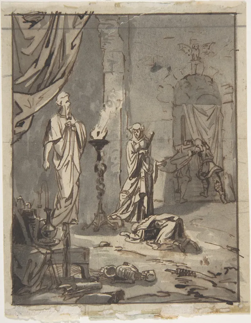 Small ink and wash drawing of a robed woman and a kneeling king in a dark room, with a ghostly figure rising