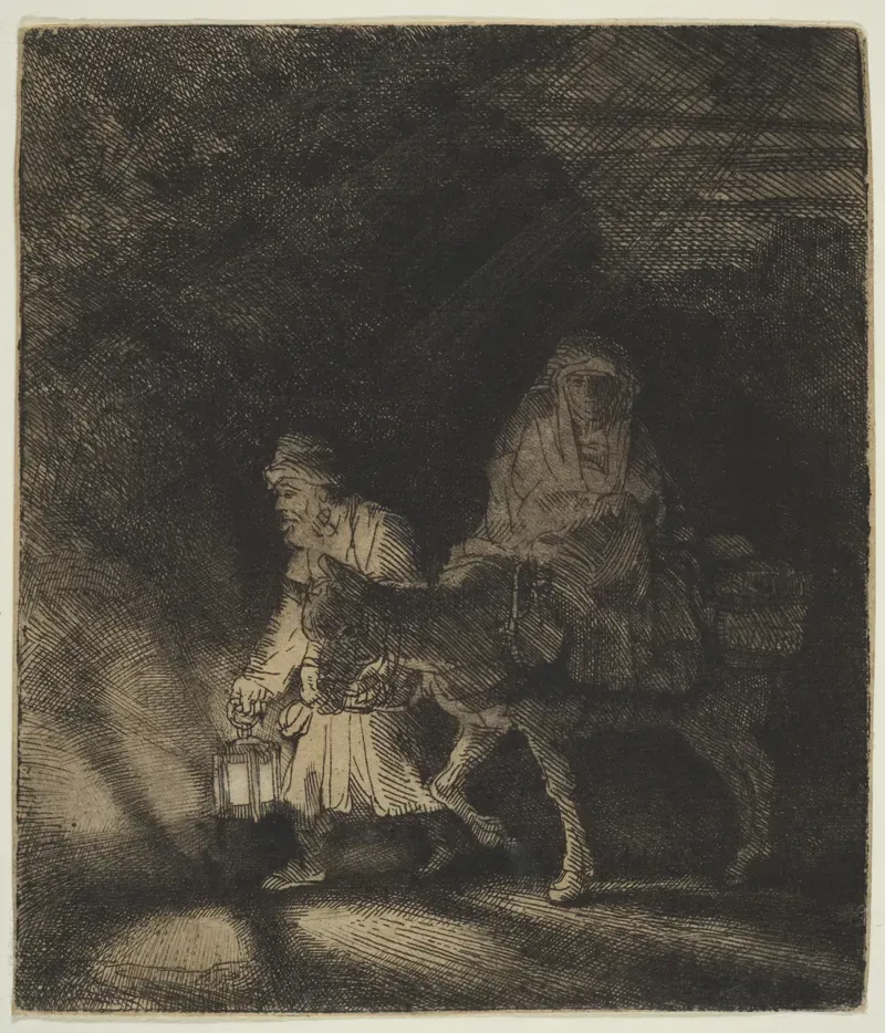 Dark etching of Joseph leading Mary on a donkey at night, lit only by a small lantern