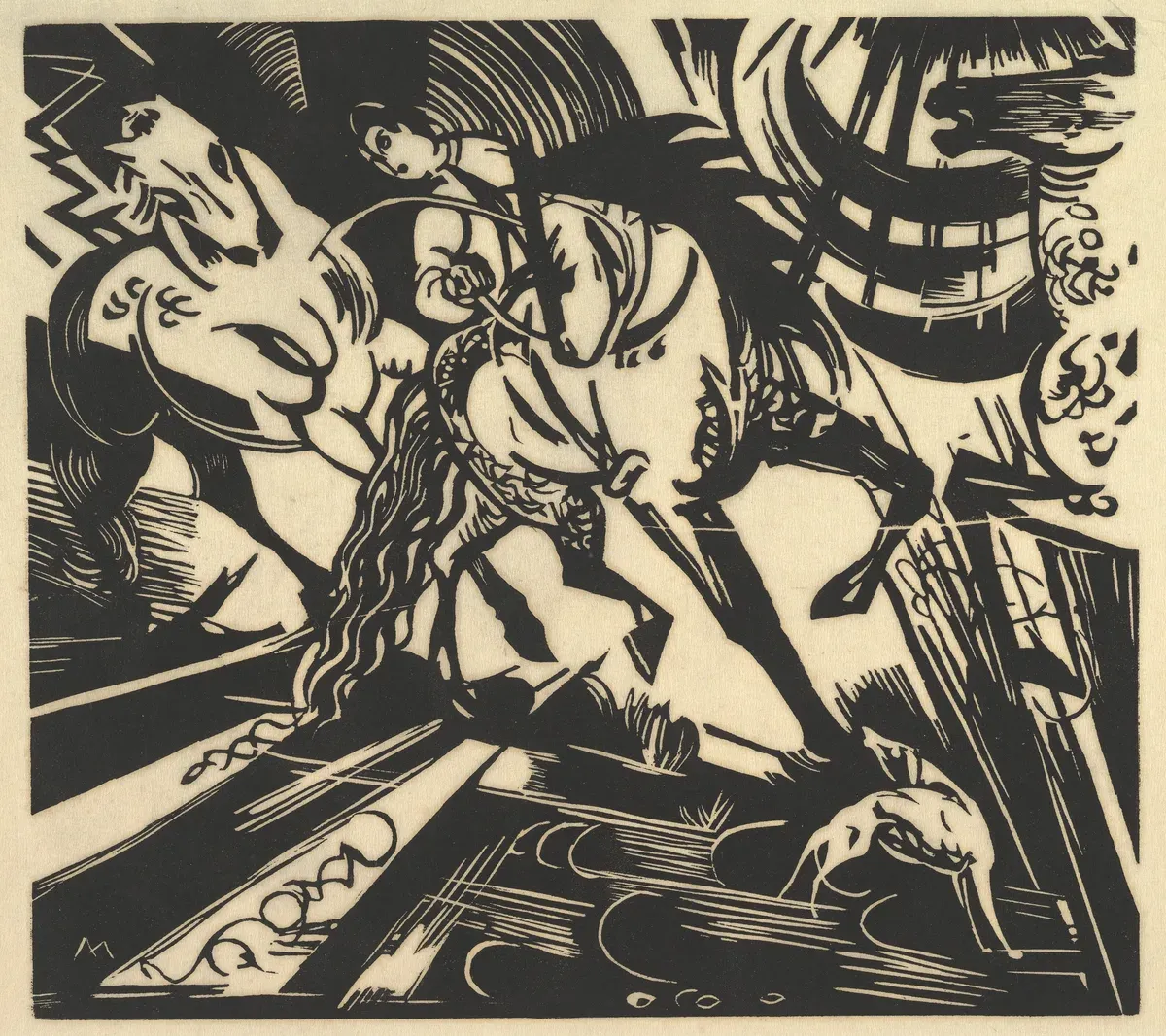 Black and white woodcut of horses and a rider tangled in sharp, swirling shapes