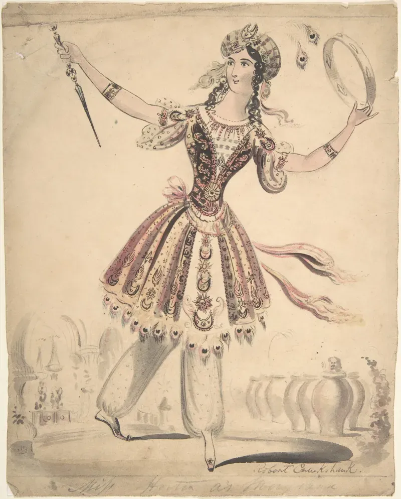 Watercolor of an actress in a jeweled theatrical costume, one arm raised high holding a ring, with a dagger at her waist