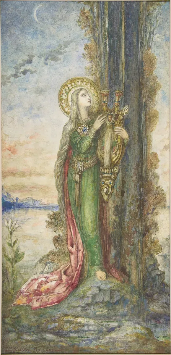 Saint Cecilia with a halo plays a golden lyre beside a tree under a crescent moon