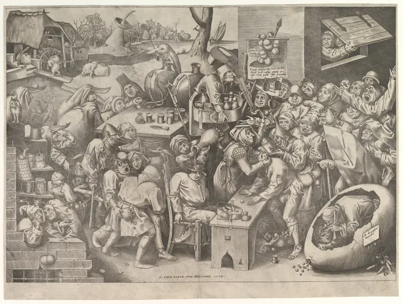 Engraving of a crowded village square where a surgeon and helpers cut stones out of people’s heads while others wait in line