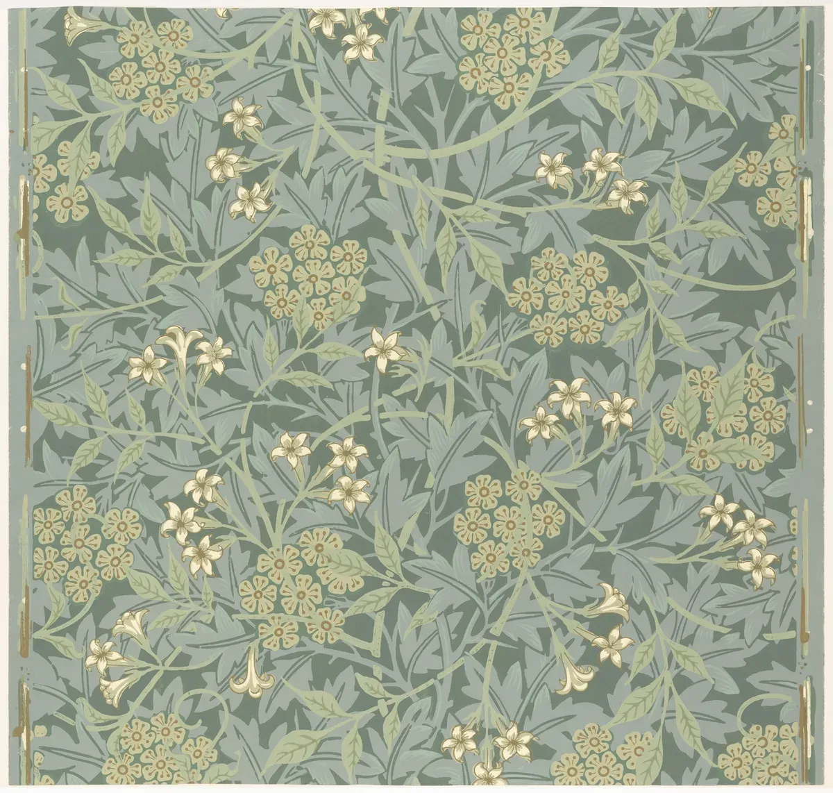 Wallpaper of pale jasmine flowers and tendrils over a soft green ground
