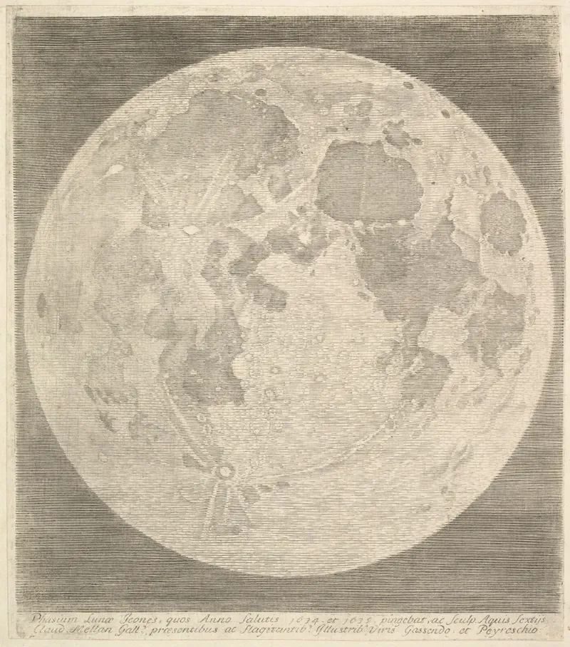 Engraving of the full moon filling the sheet, its craters and dark seas shown in fine lines