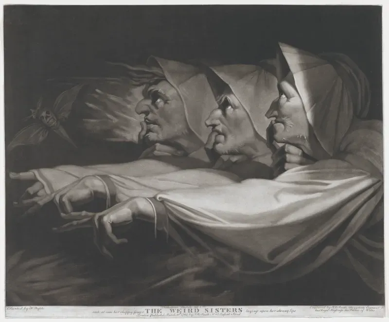 Mezzotint of three witches seen in profile side by side, each with a finger raised to her lips