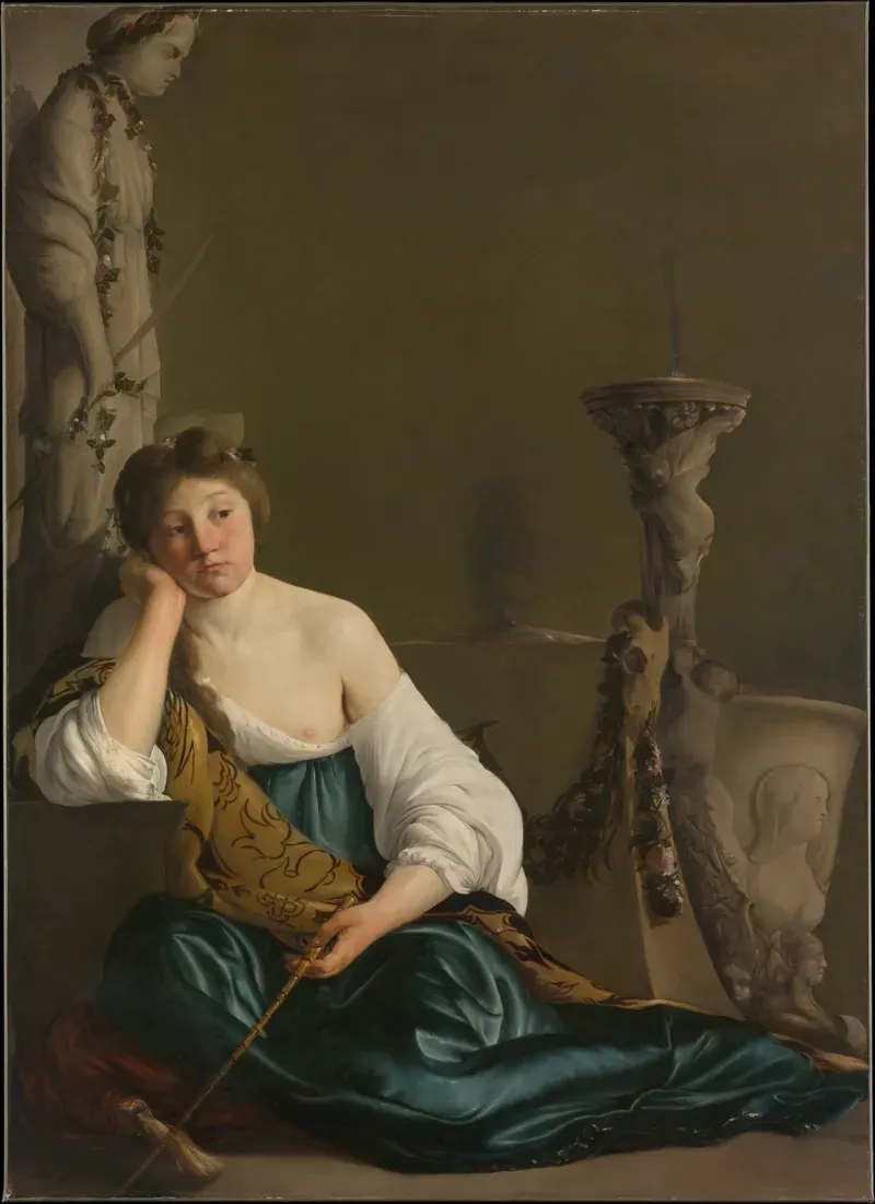 Painting of a woman in a white blouse and blue skirt sitting on the ground, chin in hand, a thin rod across her lap, among sculpture and vessels