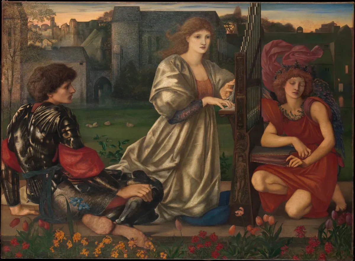 A knight and a woman at a small organ in a twilight landscape, with a winged figure behind