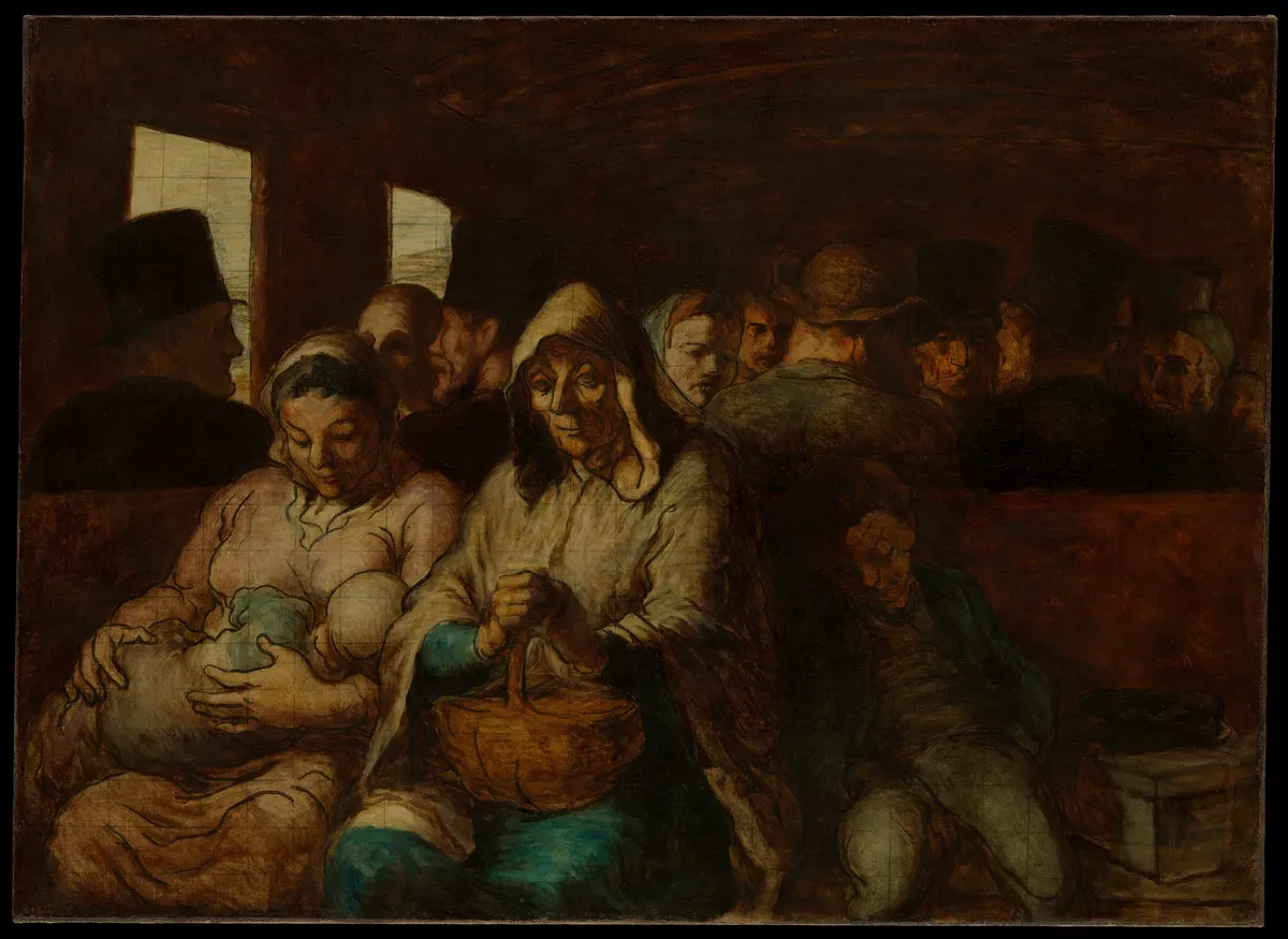 A poor family on a wooden train bench, an old woman with a basket and a sleeping boy
