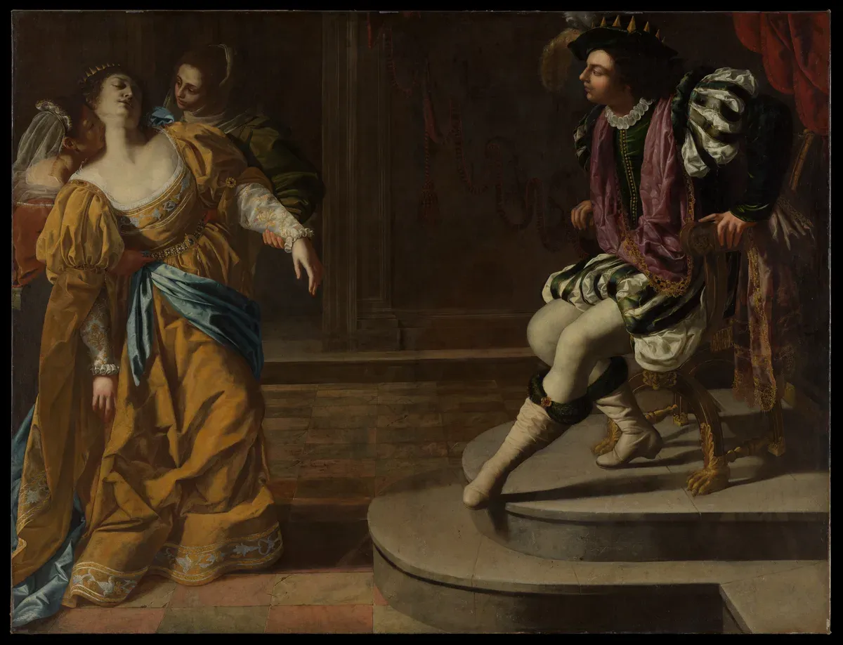 Queen Esther fainting before a young king who rises from his throne