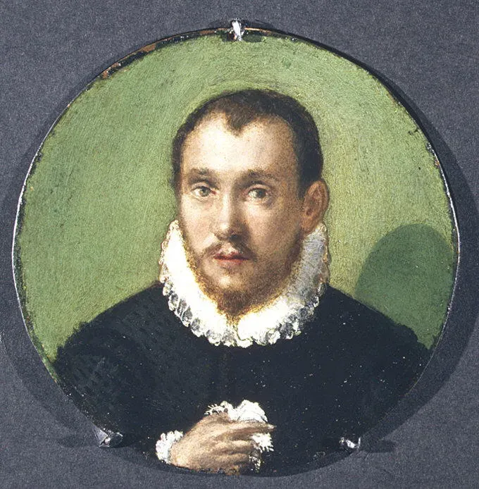 Round portrait of a bearded man in black with a white ruff collar against a green background