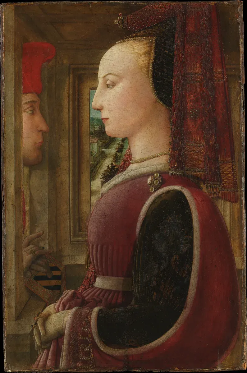 Profile portrait of a richly dressed young woman, with a man peering in at a window