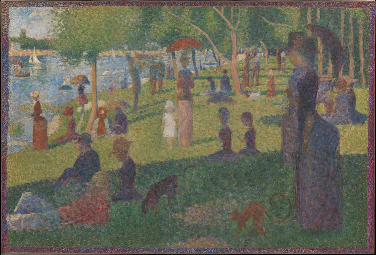 A sunny riverside park with small figures, trees and shadows, painted in short strokes of color