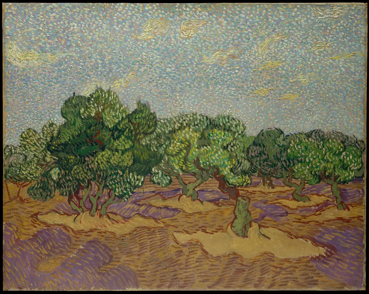 Twisting olive trees under a pale sky, painted in thick rhythmic brushstrokes of green, blue and ochre