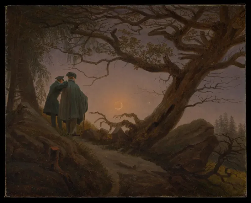 Painting of two men seen from behind under a bare oak, looking at a crescent moon in an orange sky