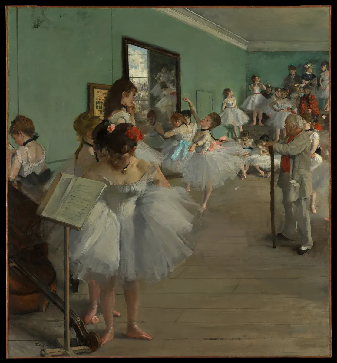 Young ballet dancers in white tutus wait and stretch in a large rehearsal room while an old ballet master leans on a stick