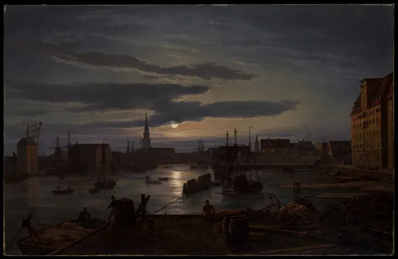Painting of a harbor at night with ships, buildings and a church spire under a moon behind clouds