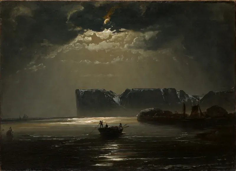 Painting of a dark rocky cape rising from the sea, with moonlight breaking through clouds over a small boat