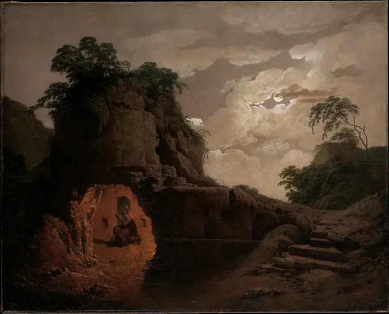 Painting of a cave-like Roman tomb in a rocky landscape under a full moon, a small figure standing beside it