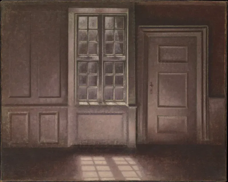 Painting of an empty room with a tall window, moonlight falling in a square on the wooden floor