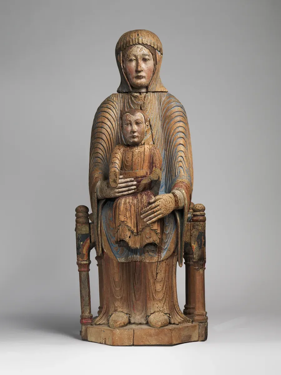 Painted wooden statue of the Virgin seated frontally with the Christ Child on her lap