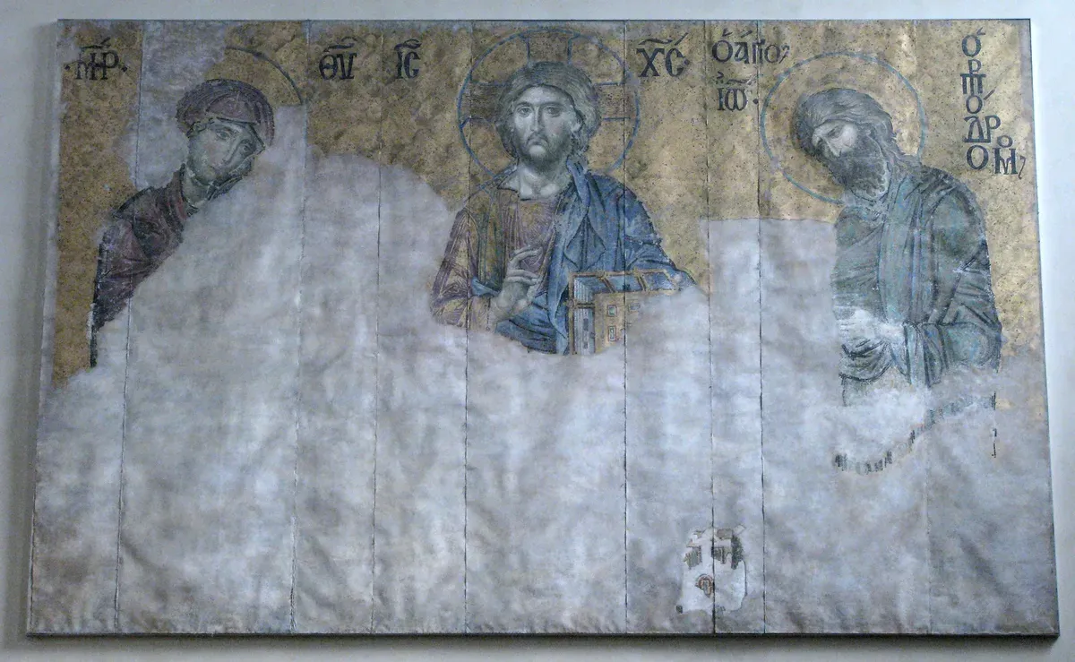 Painted copy of a Byzantine mosaic: Christ between Mary and John the Baptist on a gold ground