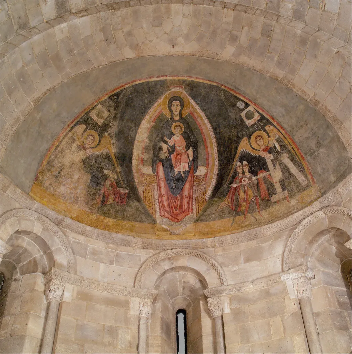 Painted church apse: the Virgin and Child enthroned in a mandorla with the Magi approaching