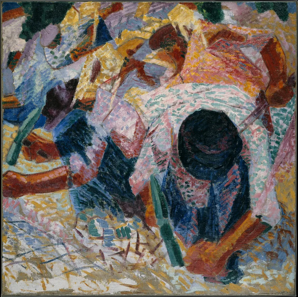 Bent road workers dissolving into bright, fragmented strokes of color