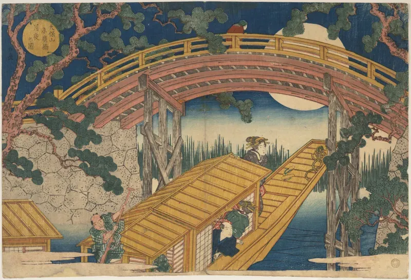 Japanese woodblock print of a red bridge over water at night with a full moon and lanterns