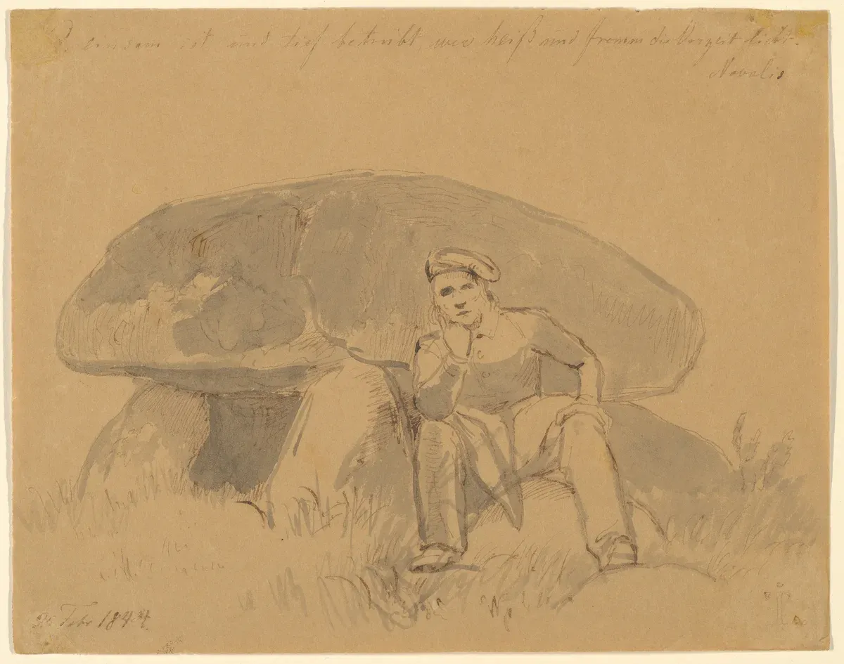 A young man in a hat sits sketching on the grass before a large dolmen of upright stones topped by a capstone