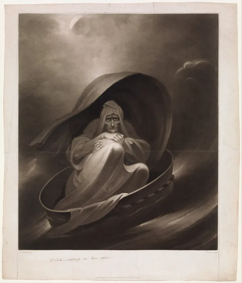 Mezzotint of a hooded old woman sitting in a round sieve on dark rolling waves under a stormy sky