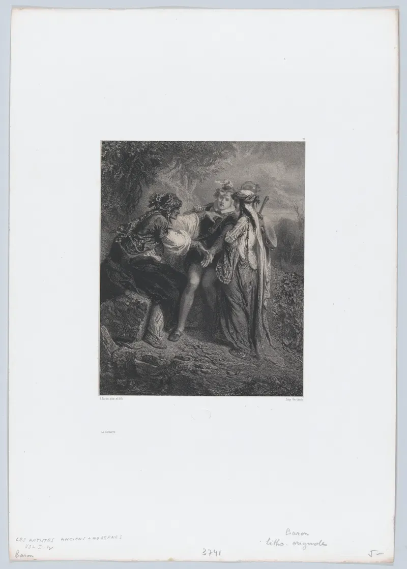 Lithograph of a cloaked old woman leaning toward a young man and woman in a dark wood
