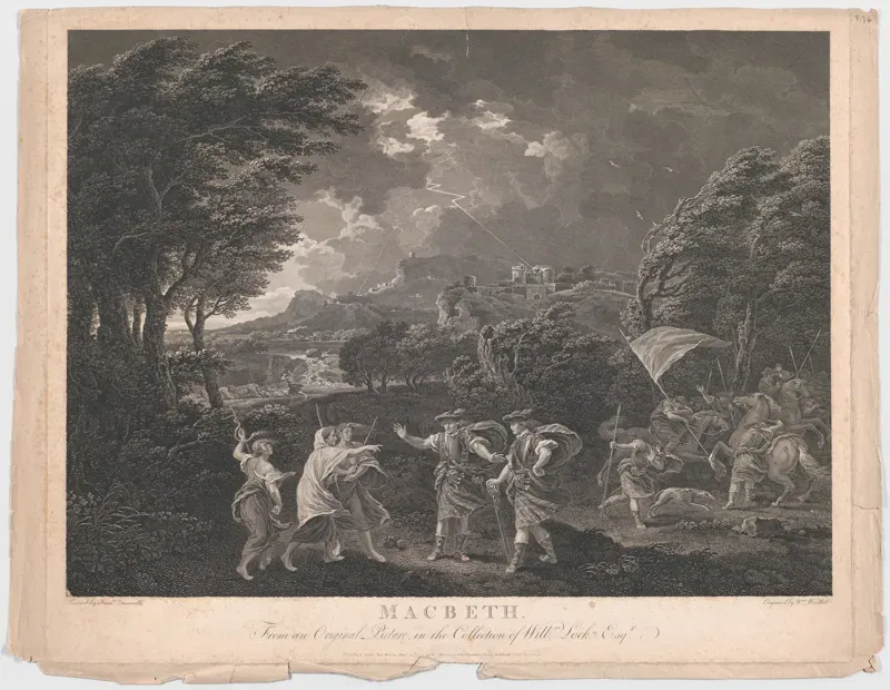 Engraving of a wide stormy landscape with twisted trees, where small figures of soldiers meet a group of witches