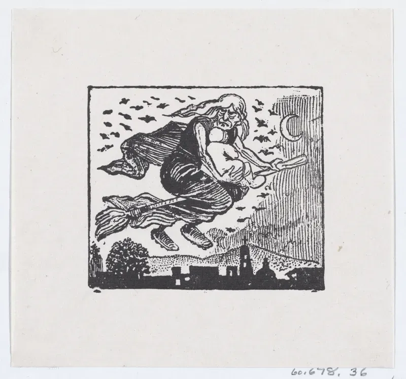 Small black and white relief print of a witch with streaming hair flying on a broom over rooftops, carrying a child