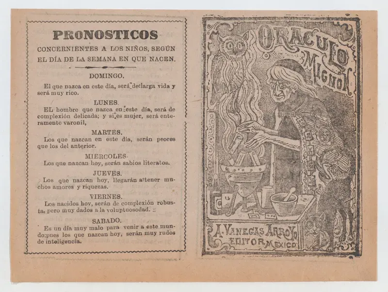 Cover of a small booklet with printed text on the left and a witch stirring a cauldron on the right