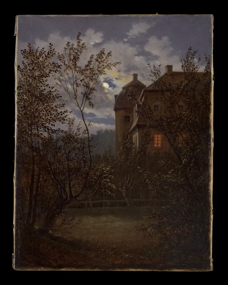 Small painting of a dark castle behind bare trees, one window lit, with the moon among clouds