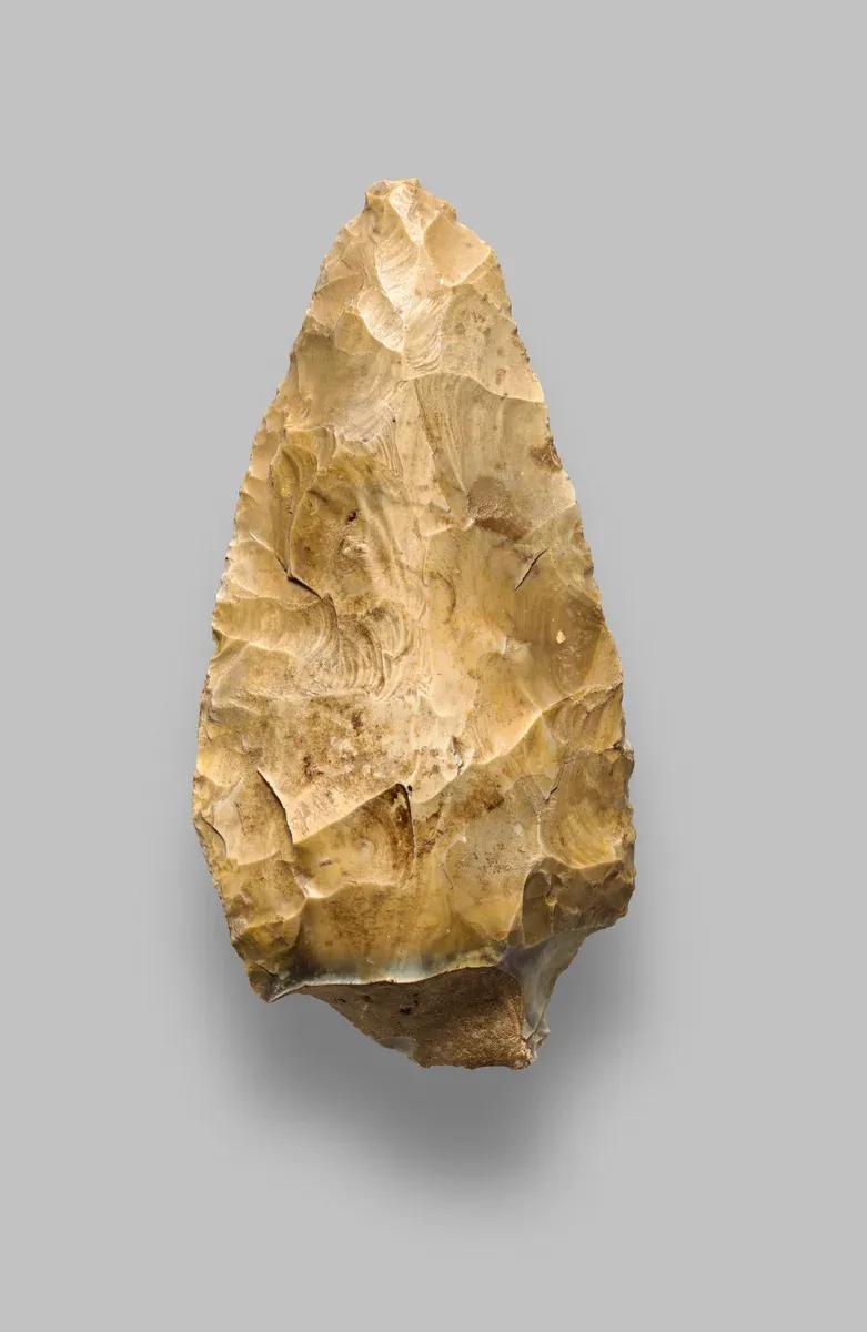 A teardrop-shaped stone hand axe, flaked to a point on both faces