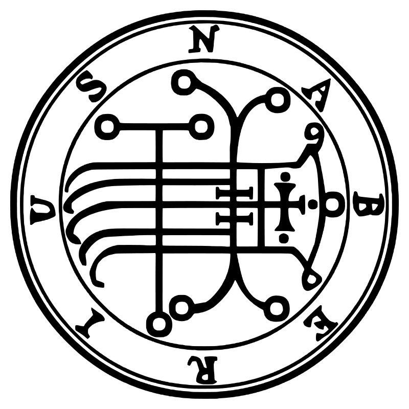 The seal of Naberius from the 1904 Goetia, a circular sigil drawn in black lines inside a double ring