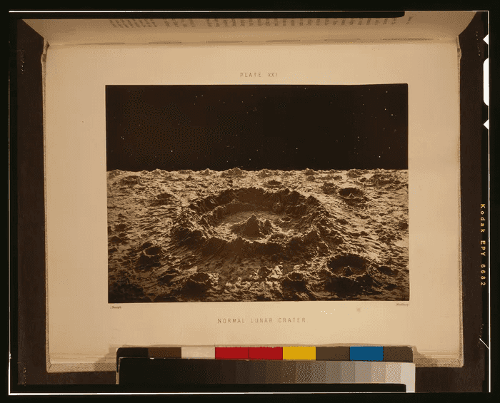 Photograph of a plaster model of a lunar crater by James Nasmyth, 1874: a round crater with a central peak, lit from one side so the rim casts long shadows