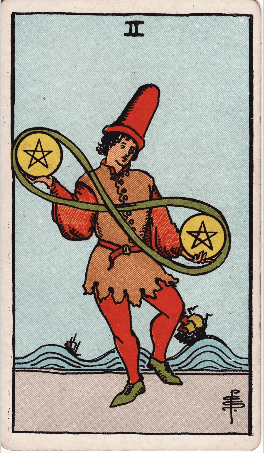 The Two of Pentacles from the 1909 Rider-Waite-Smith deck: a young man in a tall hat dances while juggling two pentacles joined by a green ribbon in a figure eight, with two ships riding high waves behind him