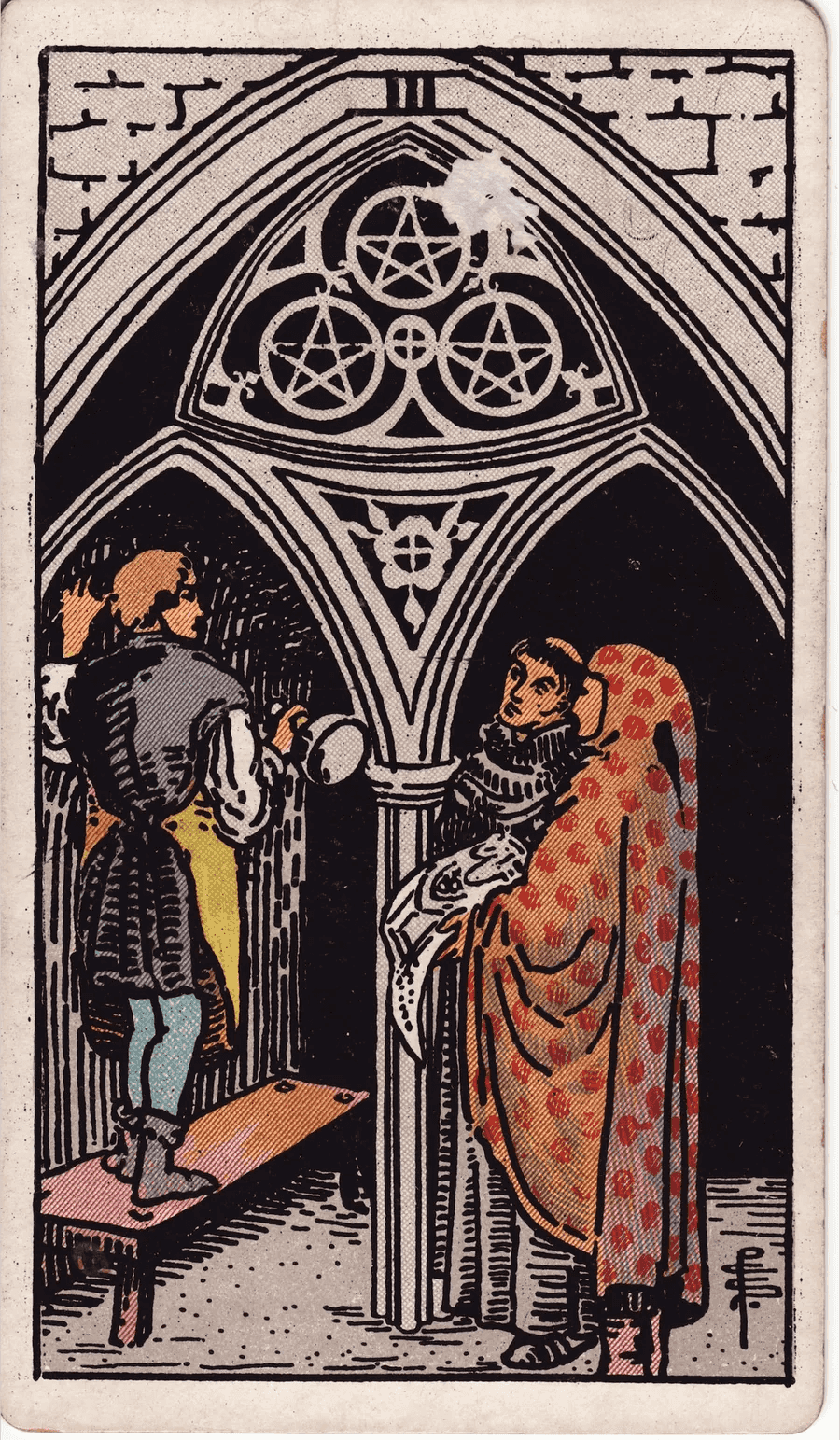 The Three of Pentacles from the 1909 Rider-Waite-Smith deck: a stonemason stands on a bench working on a church arch decorated with three pentacles, while a monk and a figure holding plans watch and discuss